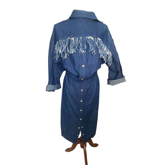 Denim Dress Fringe Western Snap Back Straight Wriggle 4 Small Vintage 80s READ - Picture 1 of 5